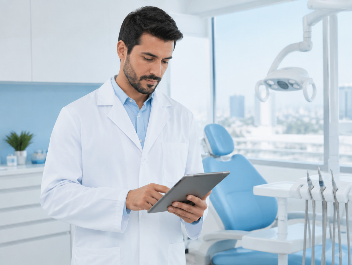Dentista consultando um tablet na clínica