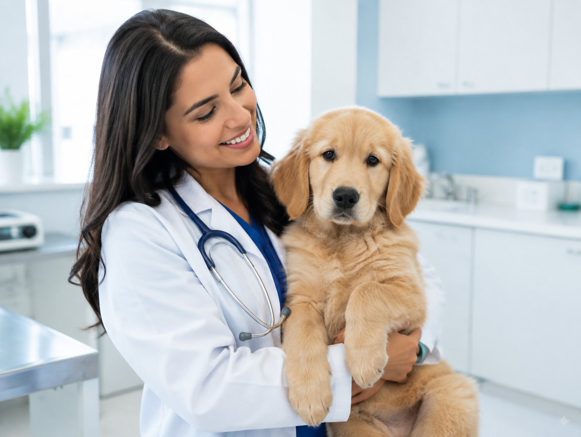 Veterinário segurando um filhote na clínica